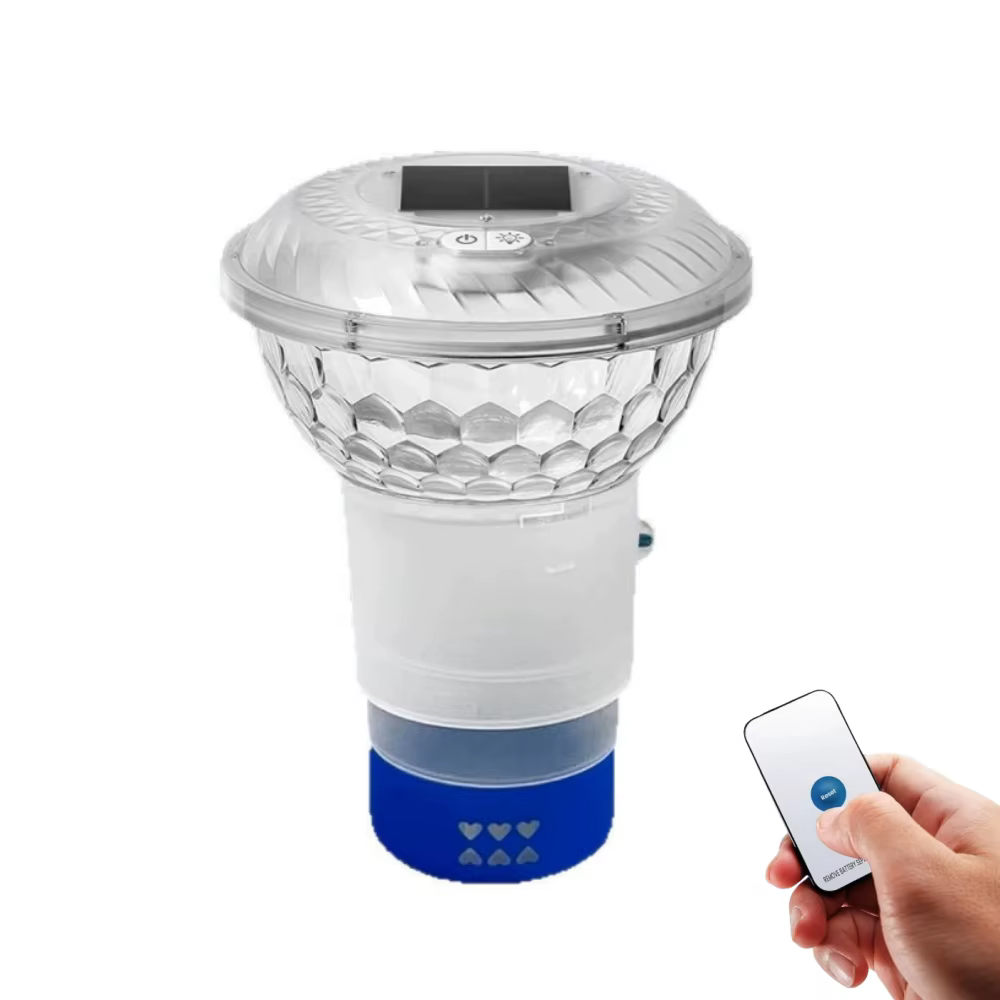 Lumière solaire flottante de chlore de piscine, distributeur de chlore flottant à distance avec lumi