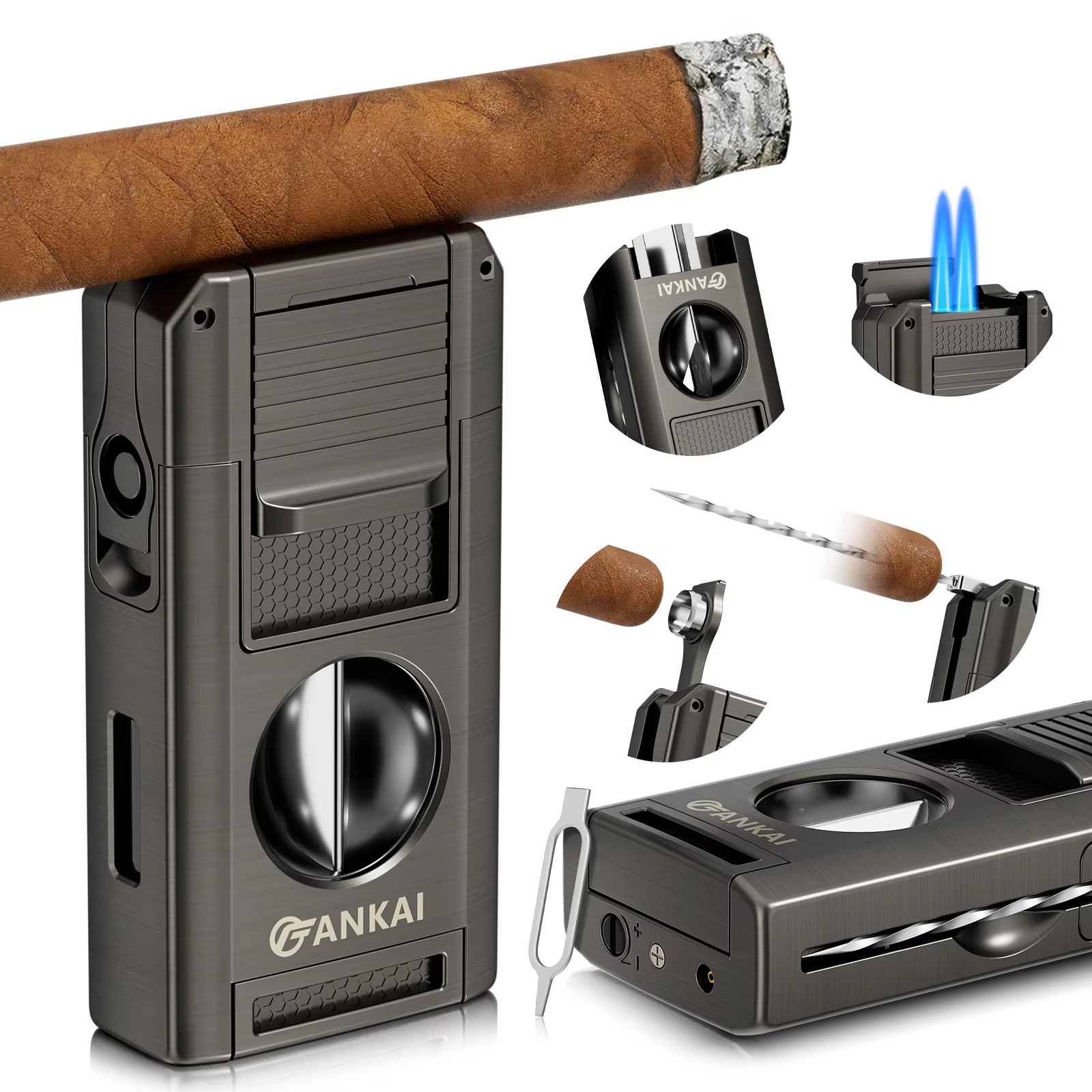 Allume-cigare, torche à cigare 5 en 1 avec coupe-cigare en V, poinçon, support, pique à cigare, briq