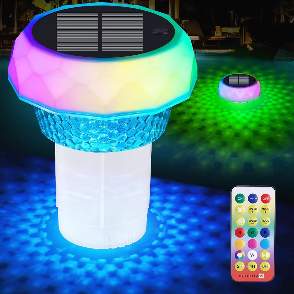 Lumière de piscine flottante à énergie solaire avec boîte de désinfection, étanche IP68, réglages de