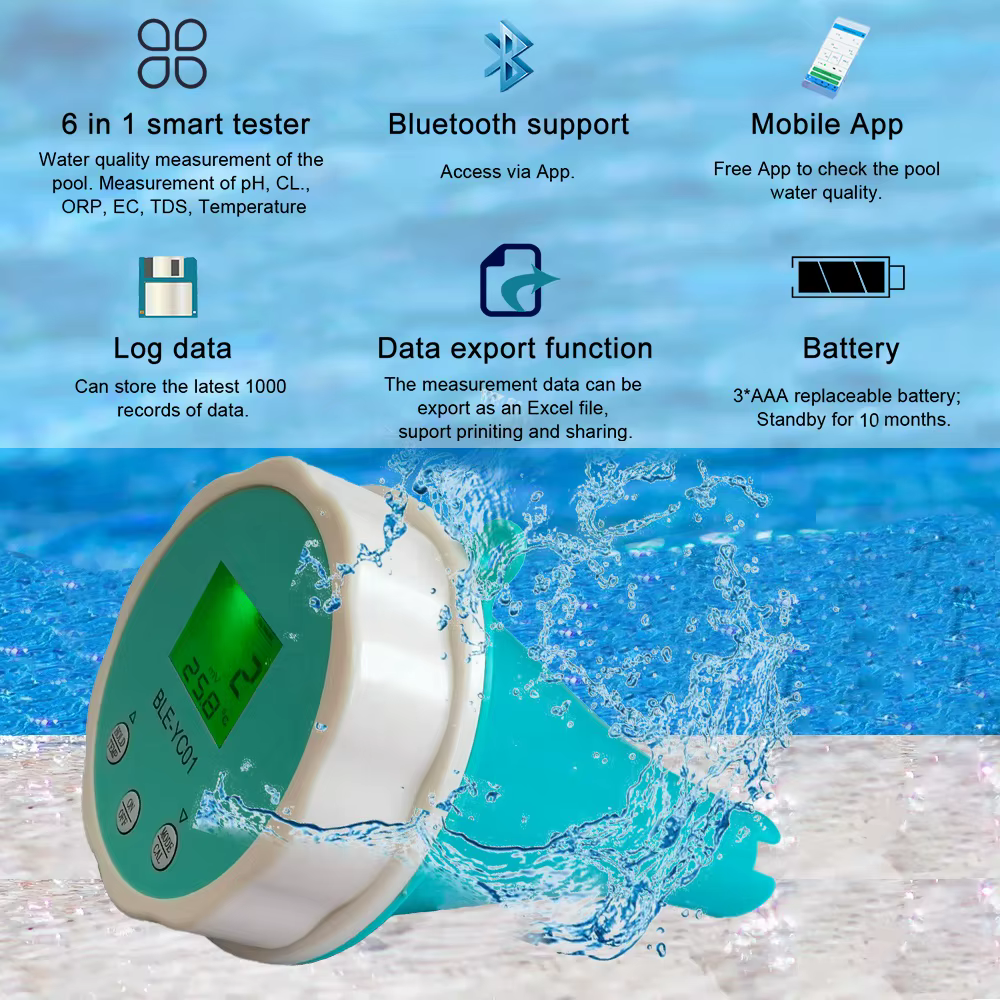Analyseur d'eau de piscine intelligent flottant, 6 en 1, PH Combo ine, EC, TDS, ORP, TEMP, testeur p