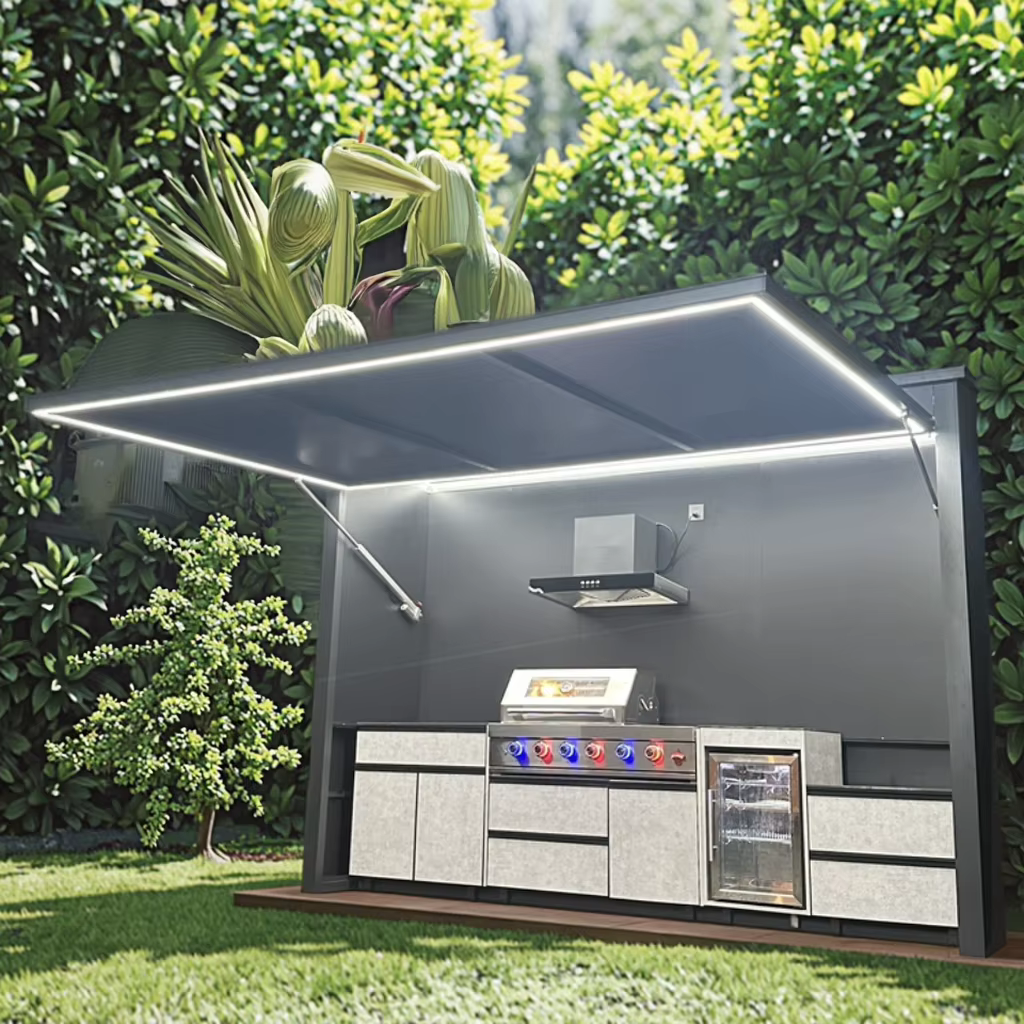 Barbecue extérieur personnalisable et résistant au vent, style terrasse, avec glacière et évier, pou