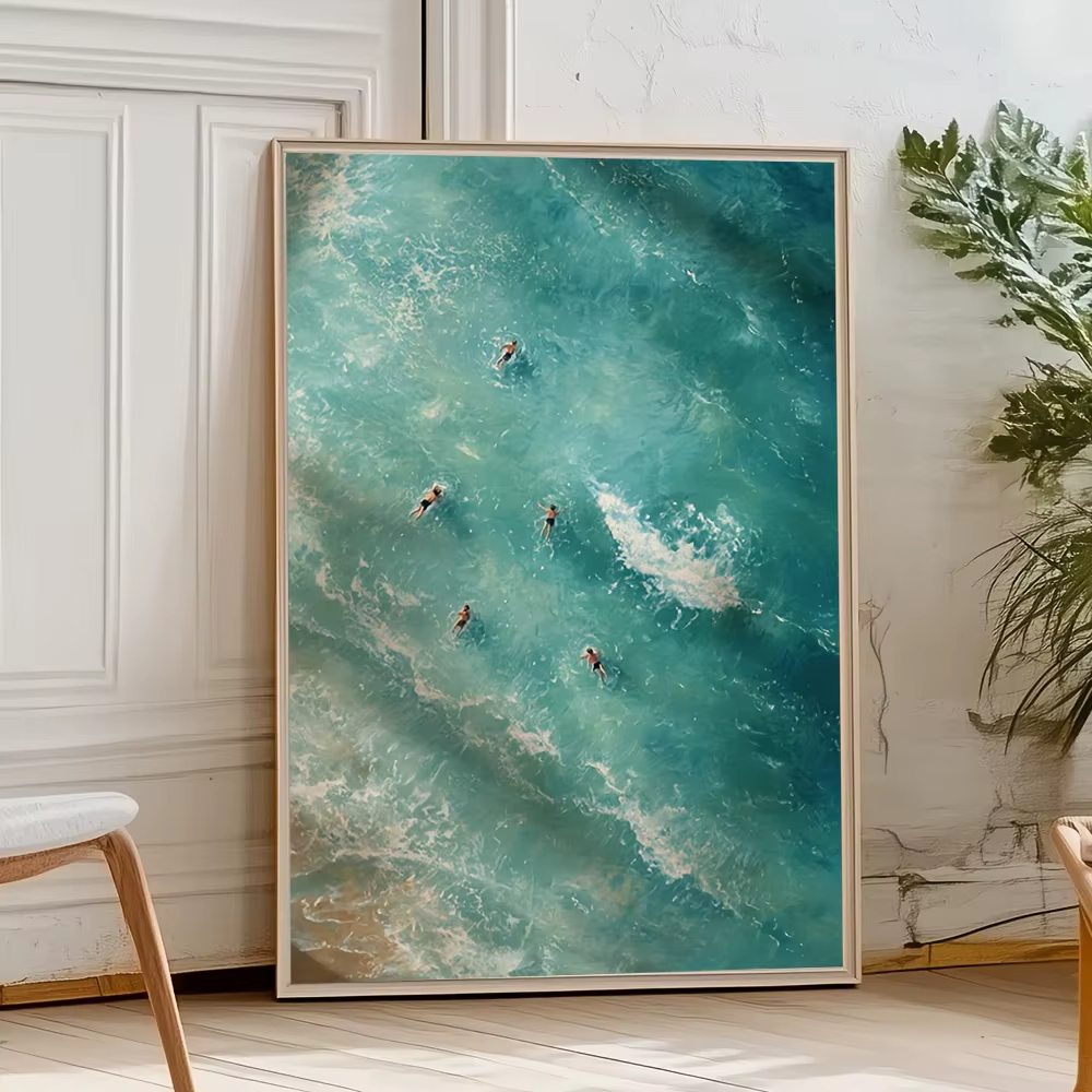 Peinture sur toile sur le thème de la plage et de l'été : Affiche décorative bleu-vert frais pour sa