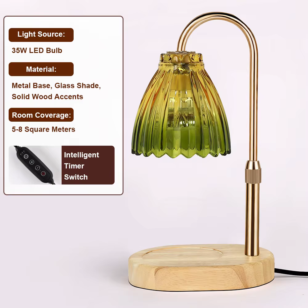 Lampe chauffe-bougie avec minuterie et variateur d'intensité, base en bois rétro, abat-jour en verre