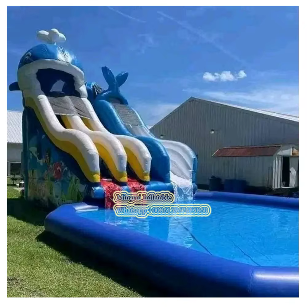 Baleine bleue géante gonflable commerciale, toboggan d'eau au sol souriant avec piscine