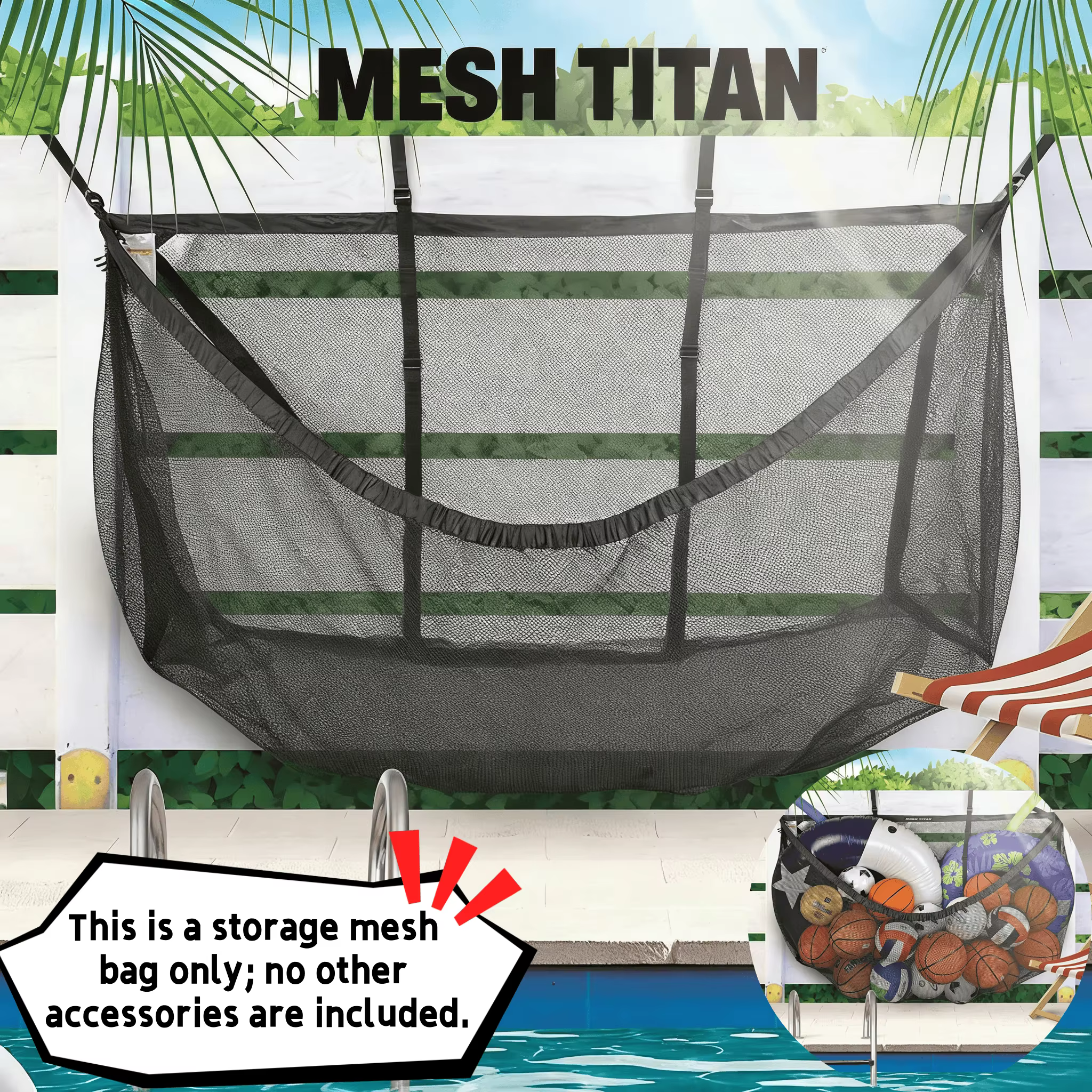 Sac de rangement pour piscine grande capacité et robuste, filet de fixation réglable pour gonflables