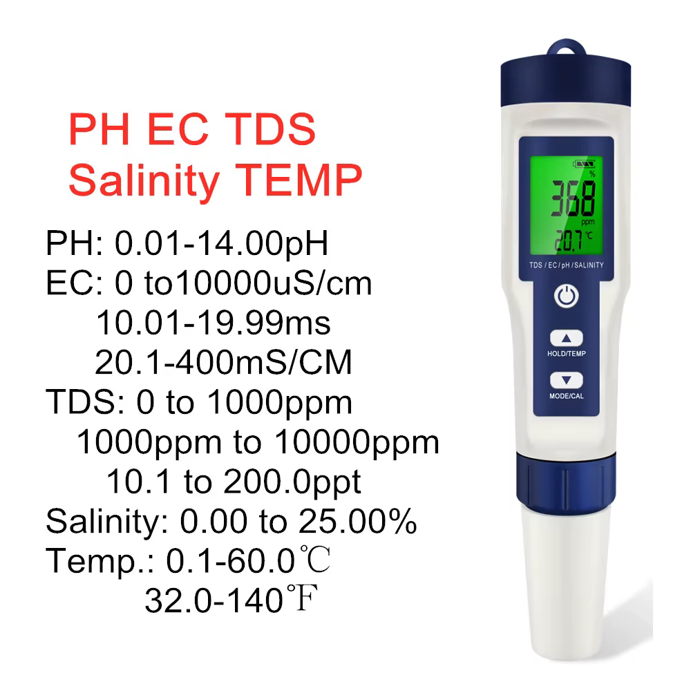 Testeur numérique de qualité de l'eau 5 en 1, TDS/EC/PH/salinité/compteur de température pour piscin