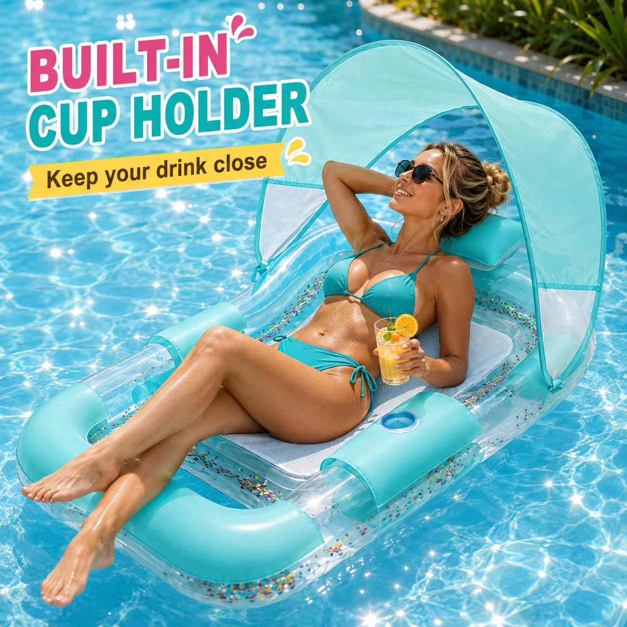 1 pièce Matelas flottant gonflable double avec auvent pare-soleil