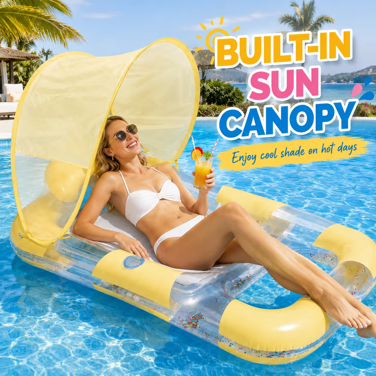 1 pièce Matelas flottant gonflable double avec auvent pare-soleil