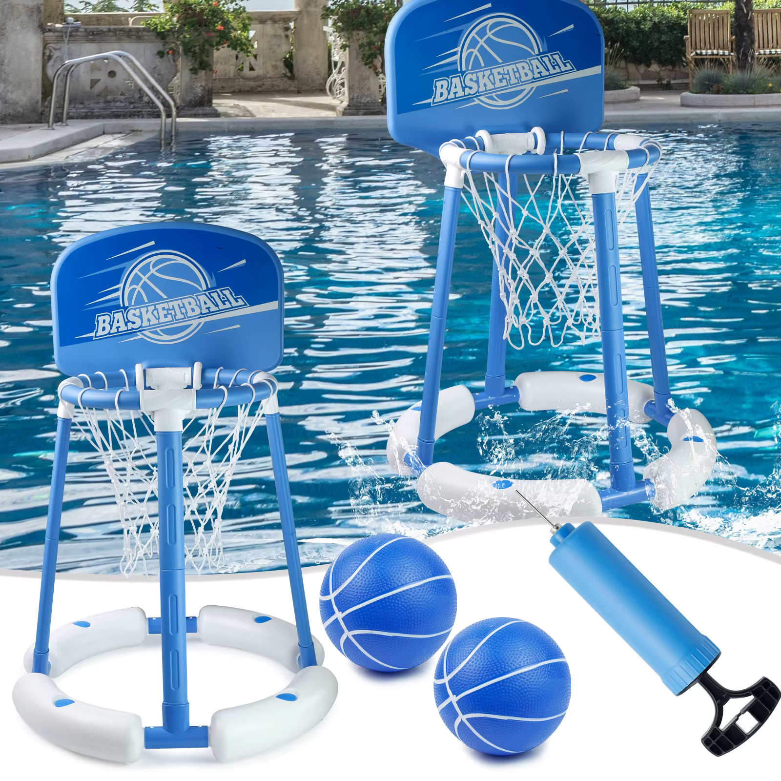 MQUDUO Ensemble de jeu de basket-ball portable pour piscine avec 2 ballons