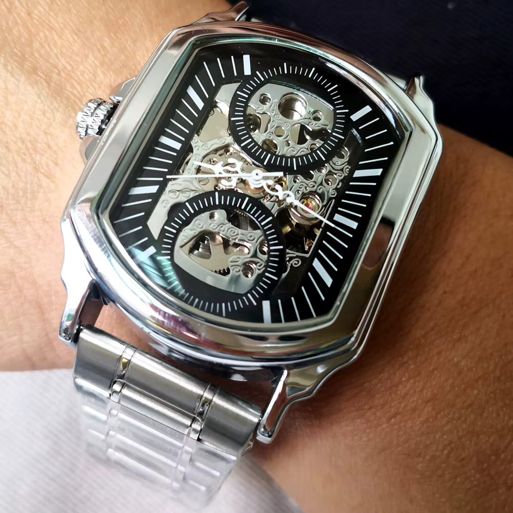 Montres pour hommes en acier inoxydable, automatiques, mécaniques, militaires, squelette, steampunk, carrées, Relogio Masculino 2026