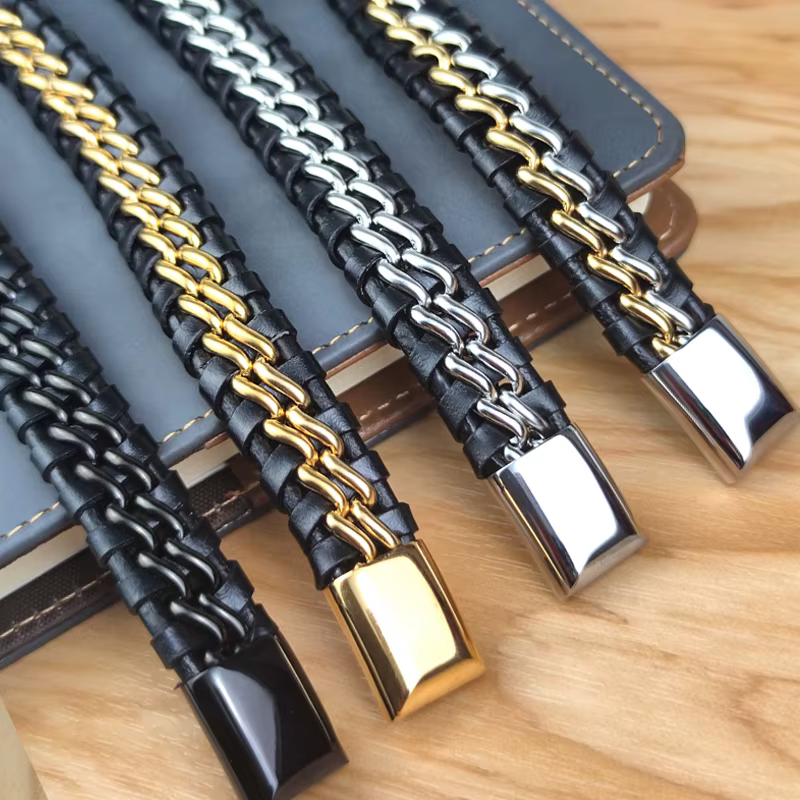 Bracelet chaîne en cuir véritable pour hommes, fermoir magnétique en acier inoxydable plaqué or, bijoux exclusifs, cadeau, vente en gros