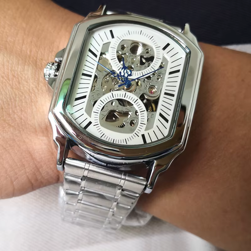 Montres pour hommes en acier inoxydable, automatiques, mécaniques, militaires, squelette, steampunk, carrées, Relogio Masculino 2026