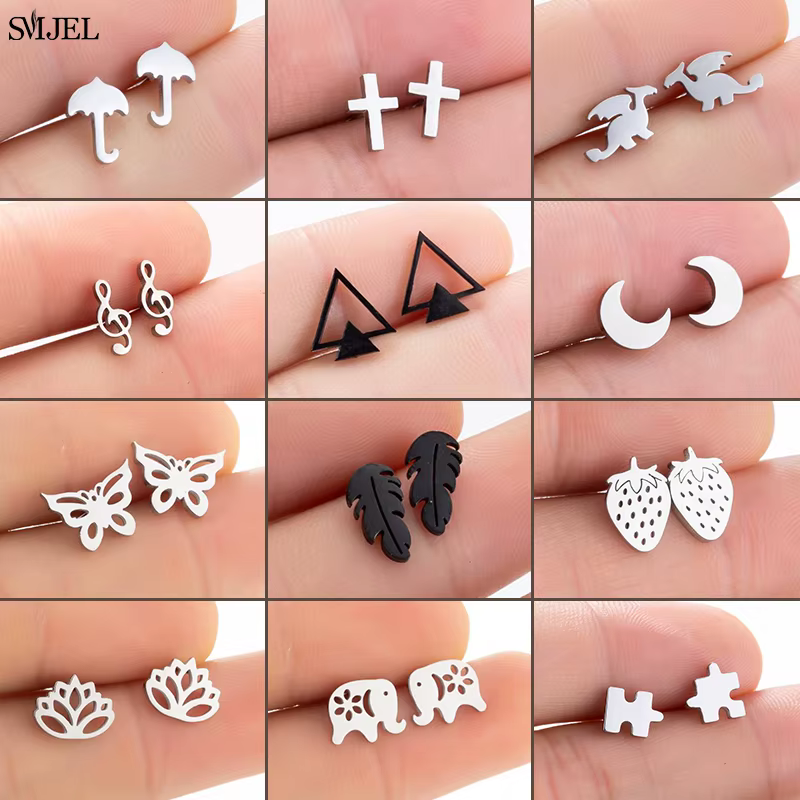 Boucles d'Oreilles en Acier Inoxydable, Bijoux à la Mode, Petit Animal, Punk, Croix, Musique, Parapluie, Ballet, Cadeaux