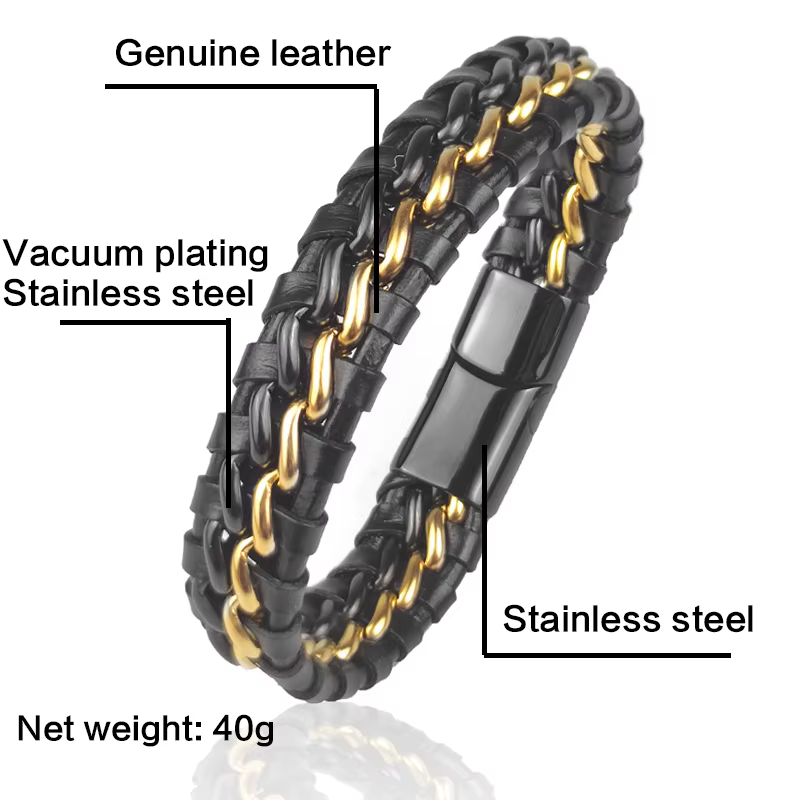 Bracelet chaîne en cuir véritable pour hommes, fermoir magnétique en acier inoxydable plaqué or, bijoux exclusifs, cadeau, vente en gros