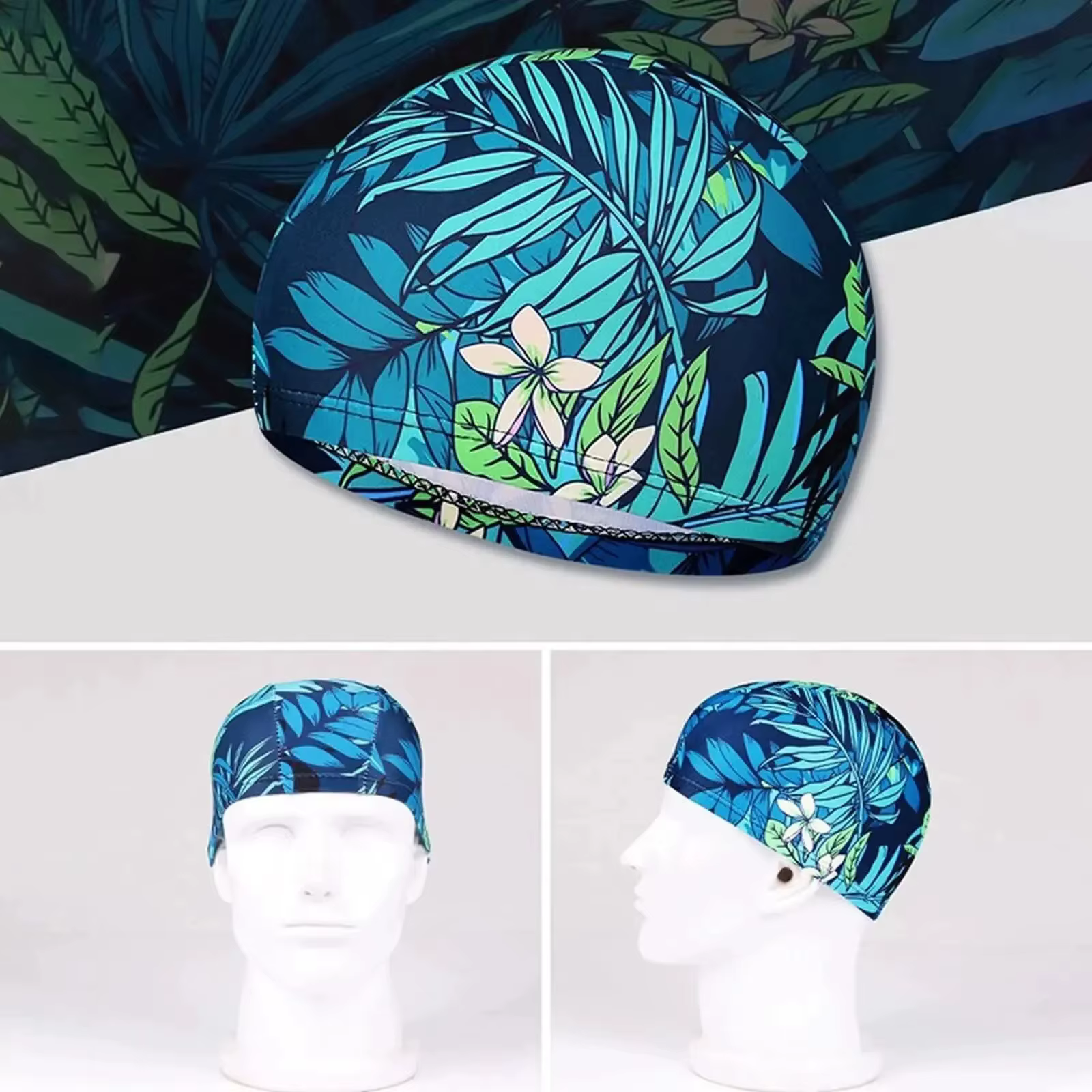 DIZETION Bonnet de bain avec protection auditive et motif antidérapant imprimé feuilles pour adultes pour la piscine