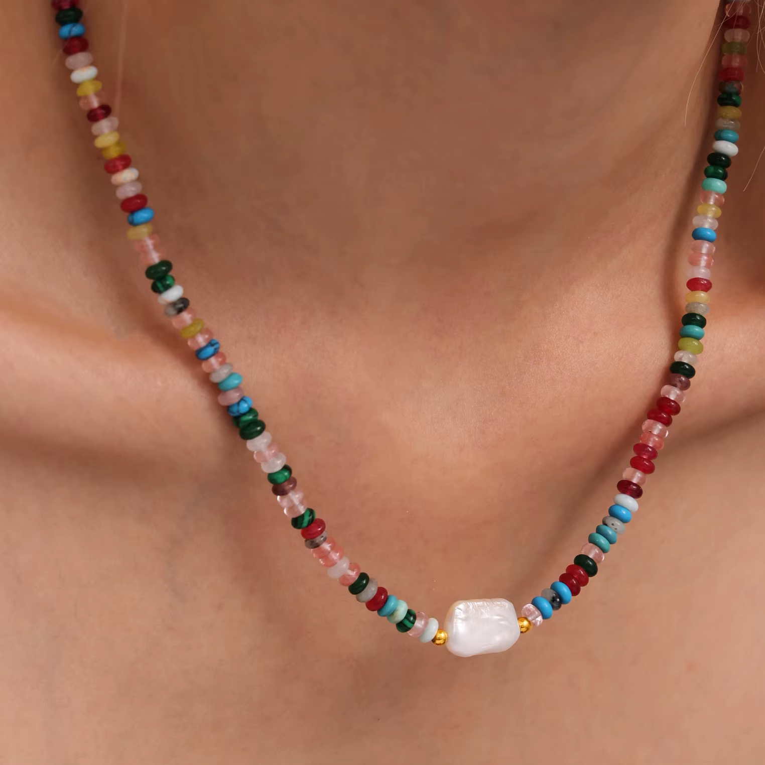 Collier pour femme en acier inoxydable avec pierres naturelles colorées, perle rectangulaire, sans décoloration, bijou à breloque