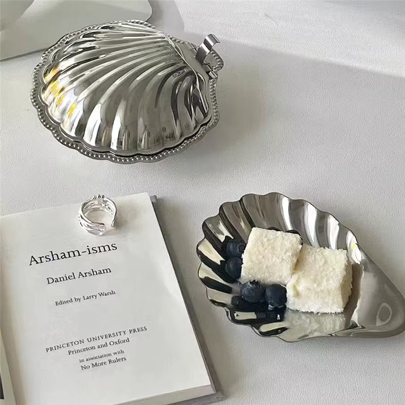 Assiette en acier inoxydable en forme de coquille, assiette en métal pour fromage, Dessert, vaisselle, rangement, assiette à bijoux, décoration de Table