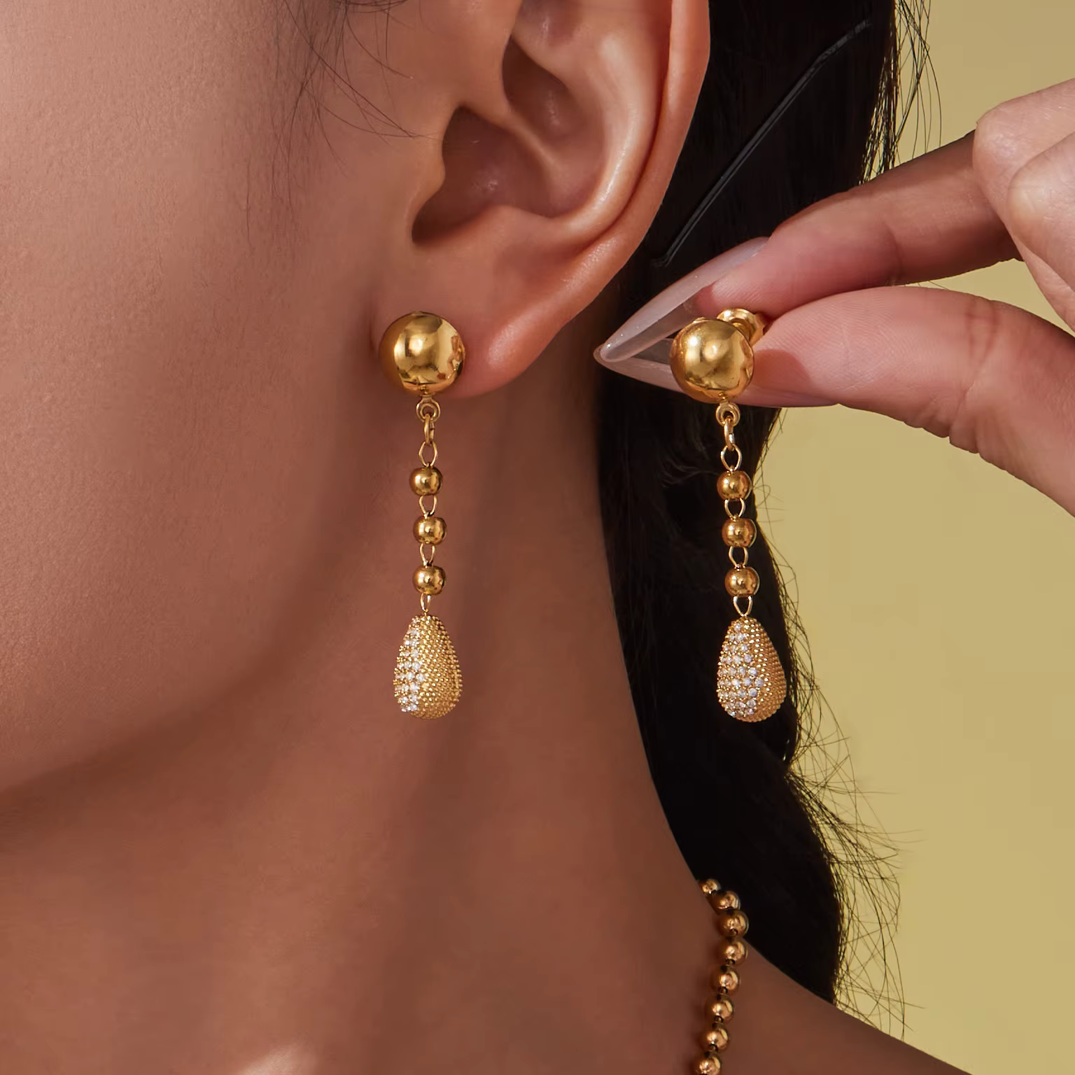 Collier en Y en acier inoxydable pour femmes, plaqué or 18 carats, chaîne de perles incrustée de gouttelettes de Zircon, pendentif, boucles d'oreilles assorties
