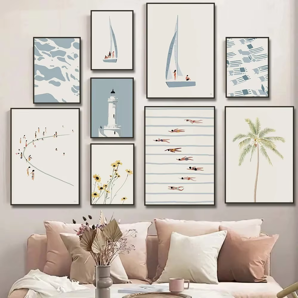 Peinture sur toile murale minimaliste de voilier, piscine, océan et fleurs, affiches et images murales pour la décoration du salon