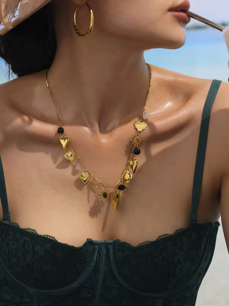 Collier chaîne en acier inoxydable pour femmes plaqué or 18 carats, étanche, sans ternissement, breloques pour femmes, bijoux de vacances bohème