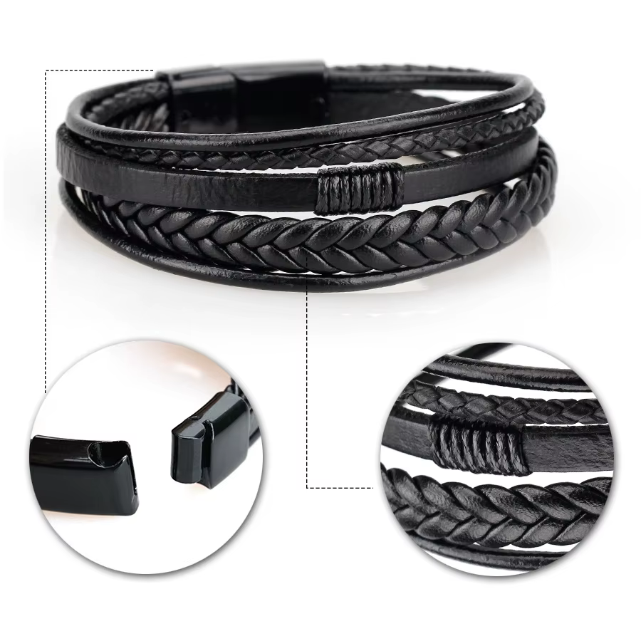 Bracelets en cuir tendance pour hommes, en acier inoxydable, corde tressée multicouche de 21CM, bijoux cadeaux