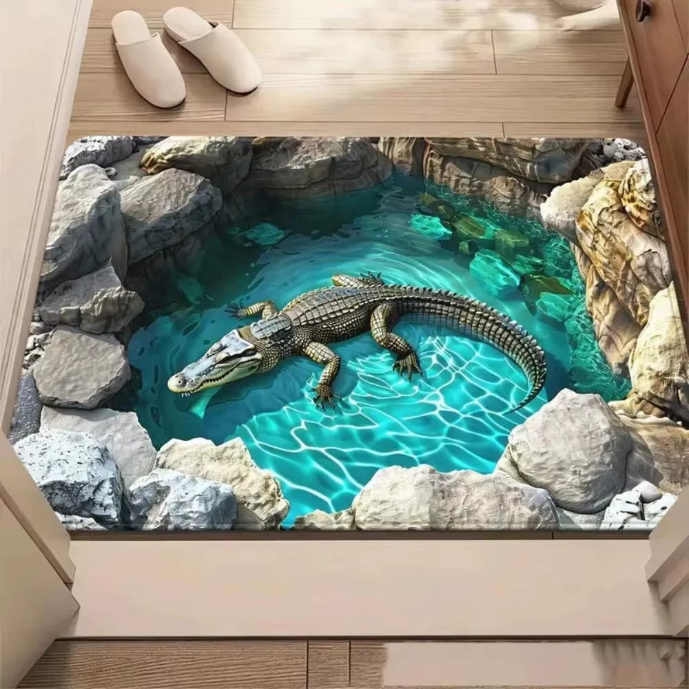 Paillasson à Illususion d'optique 3D en crocodiles dans la piscine