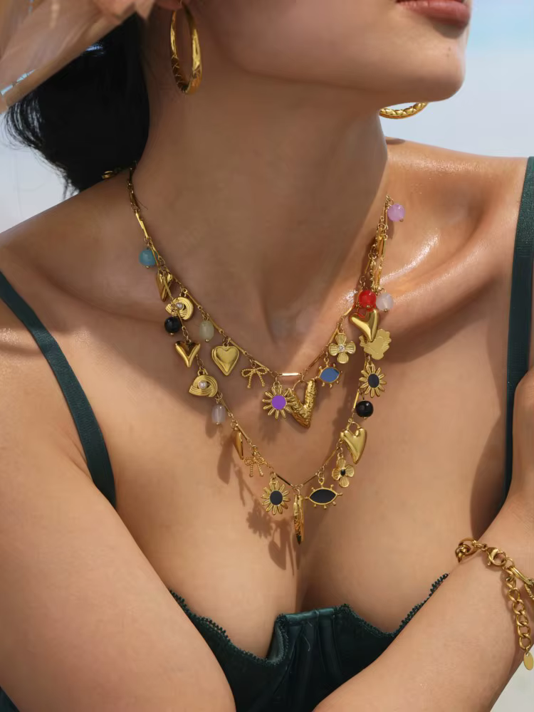 Collier chaîne en acier inoxydable pour femmes plaqué or 18 carats, étanche, sans ternissement, breloques pour femmes, bijoux de vacances bohème
