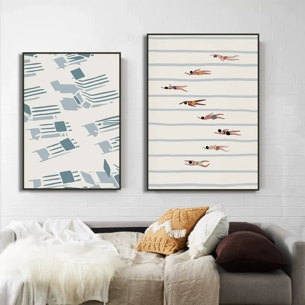Peinture sur toile murale minimaliste de voilier, piscine, océan et fleurs, affiches et images murales pour la décoration du salon