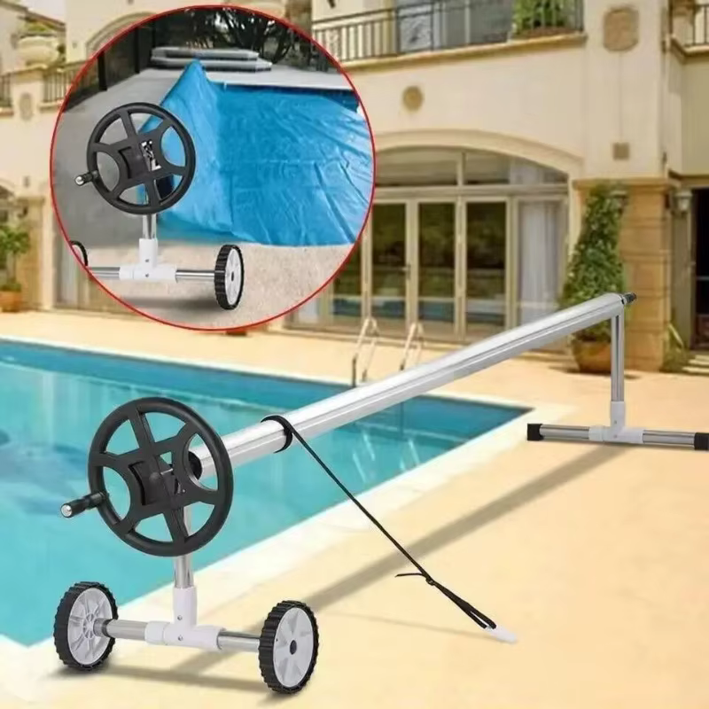 Enrouleur de couverture de piscine en aluminium noir mobile avec roues, enrouleur portable pour couverture solaire, pour piscine intérieure et extérieure