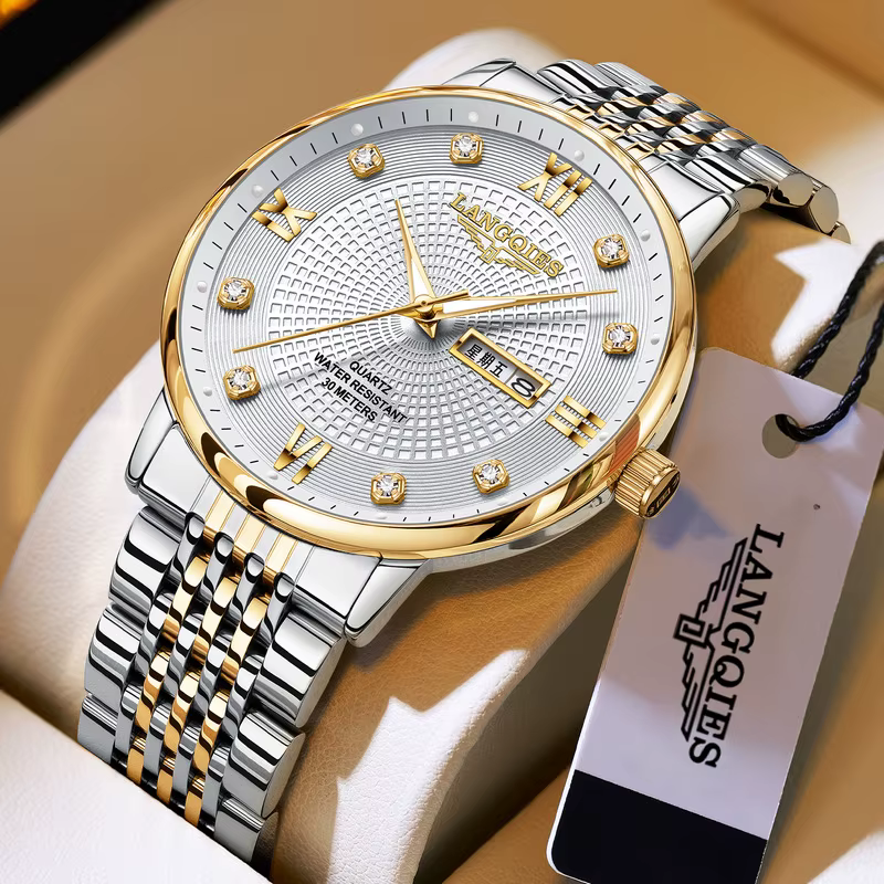 Montre à bracelet en acier pour homme - Montre à quartz étanche et lumineuse avec affichage de la date et du jour