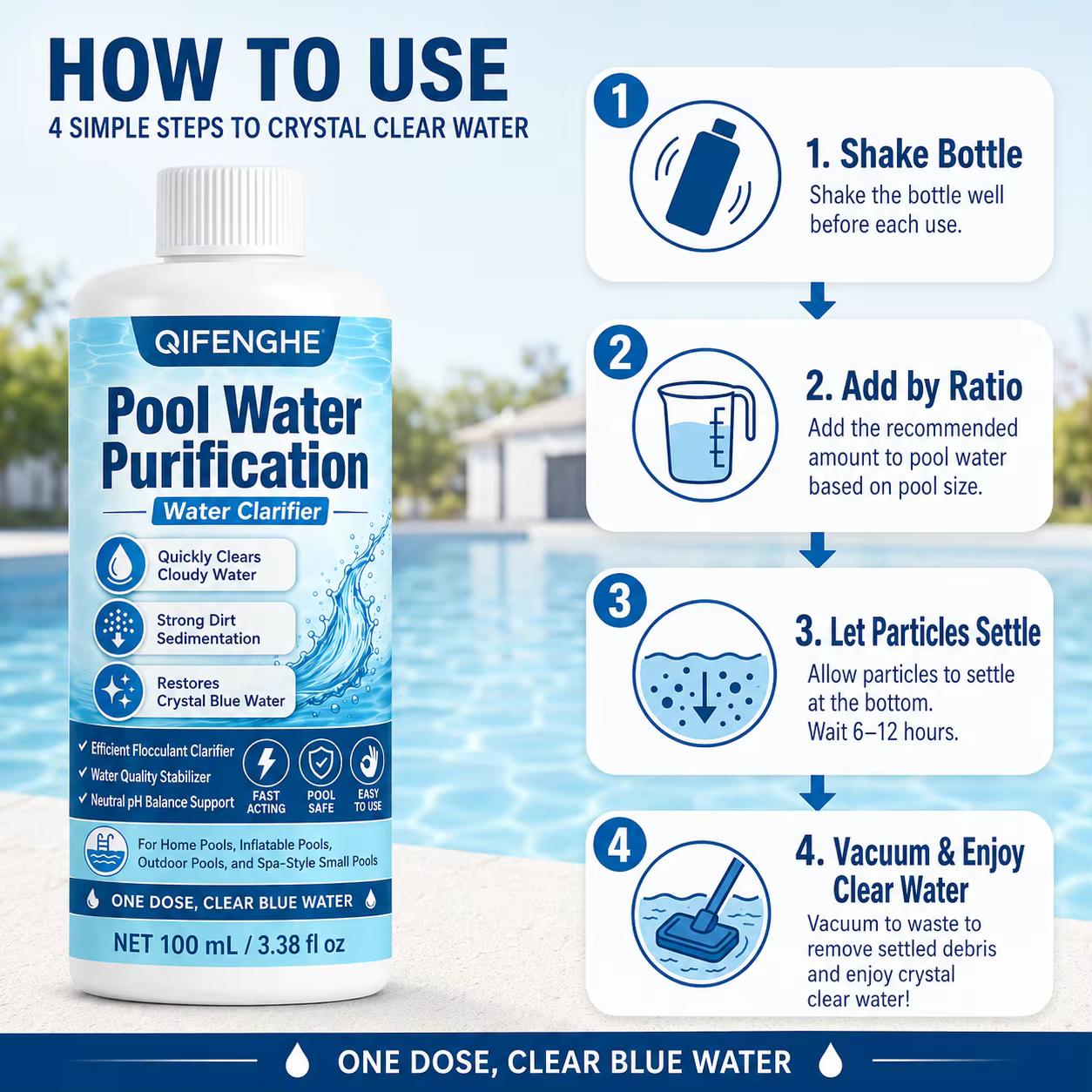 Clarifiant pour piscine pour eau boueuse, piscine domestique, piscine de jardin et piscine pour enfants