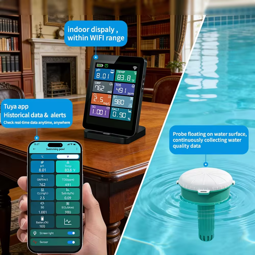 Analyseur d'eau de piscine intelligent WIFI 8 en 1 avec mesure du chlore