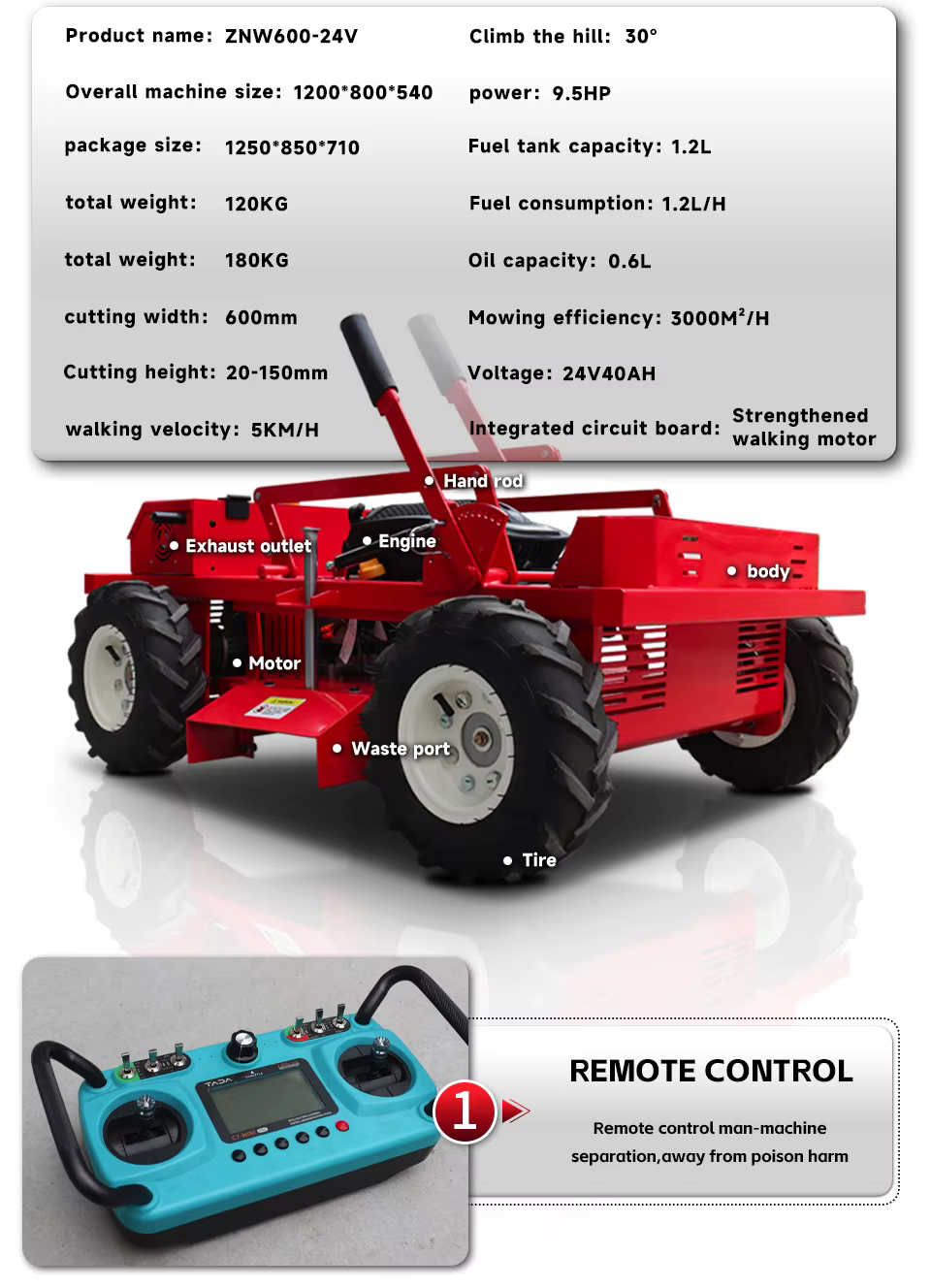 Robot tondeuse à gazon efficace sans fil, anti-accroc, CE/EU5/EPA 1500 ㎡ /h 600MM 5KM/H 45 °   Personnalisation possible, réglage de la hauteur