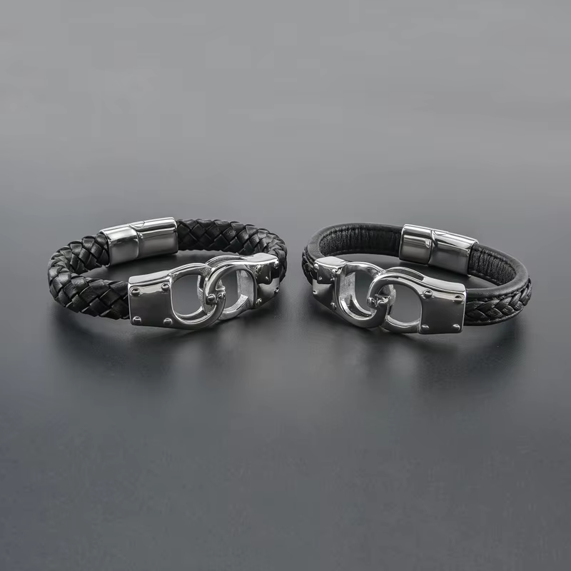 Bracelet menottes pour hommes, en acier inoxydable de haute qualité, en cuir véritable, pour Couple, Unique, Bijoux, cadeau pour lui