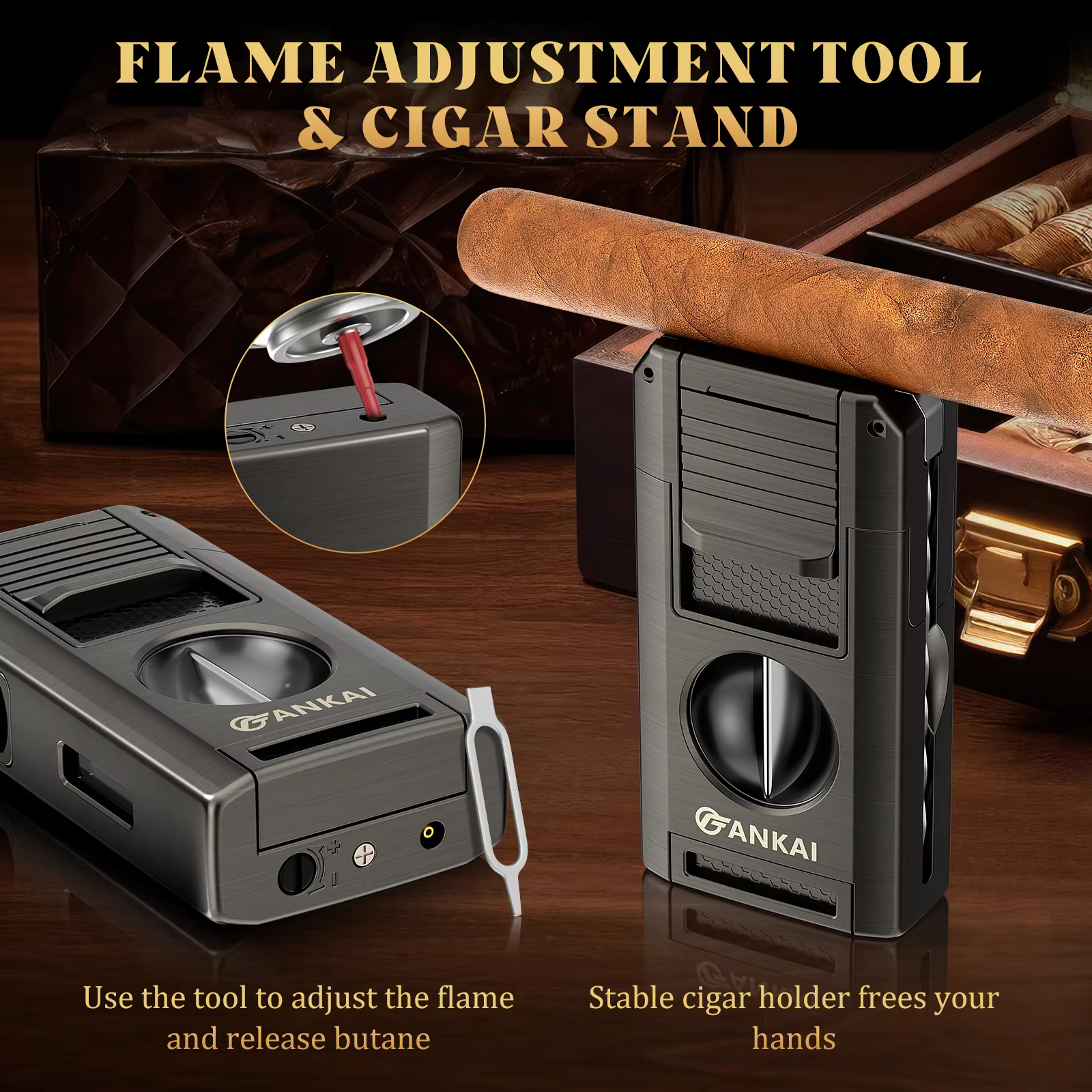 Allume-cigare, torche à cigare 5 en 1 avec coupe-cigare en V, poinçon, support, pique à cigare, briquet au butane à double flamme, cadeau