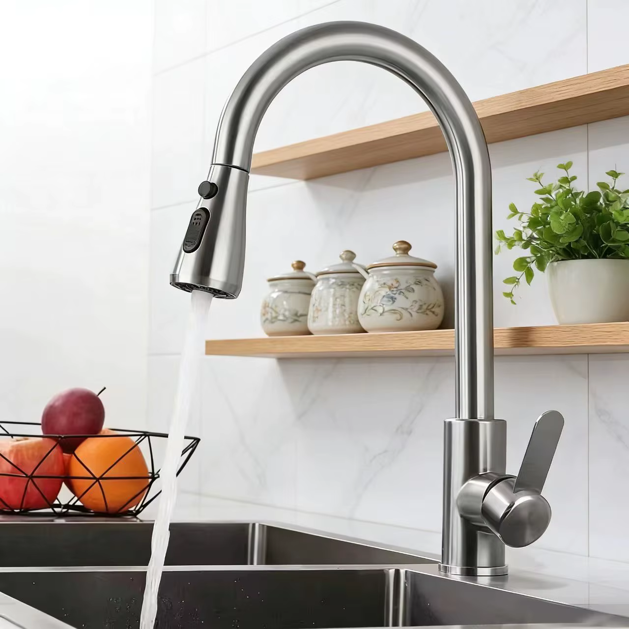 Robinet de cuisine en acier inoxydable 304, mitigeur extractible pour évier, avec douchette pulvérisatrice, eau chaude et froide, à poser sur comptoir