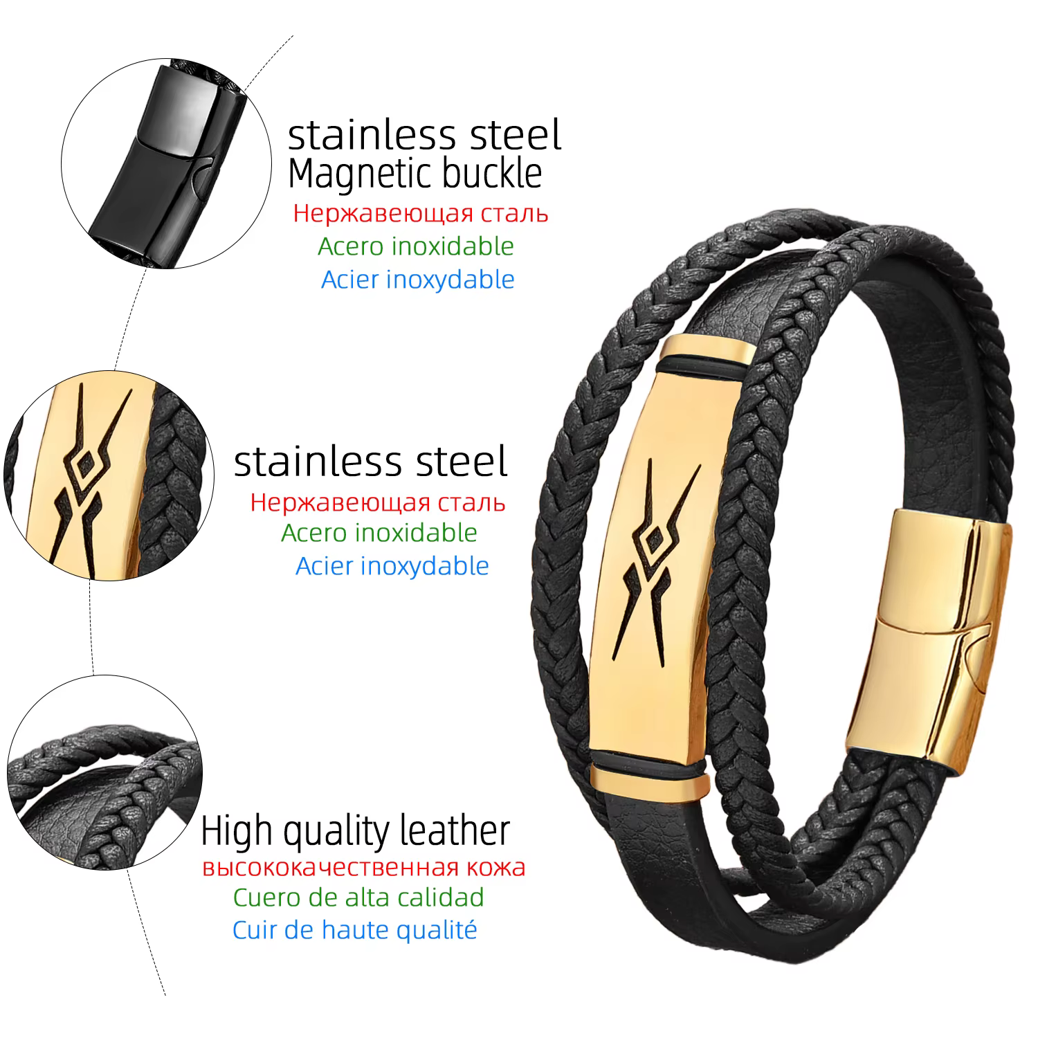 Bracelet en acier inoxydable pour hommes, corde en cuir tressé multicouche, bijoux faits à la main, Hip-Hop, Punk, nouveau, 2024