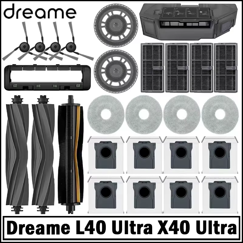 Accessoires pour aspirateur robot Dreame L40 Ultra / X40 Ultra : brosse principale, brosse latérale, chiffon de nettoyage, filtre HEPA, sac à poussière, pièces de rechange