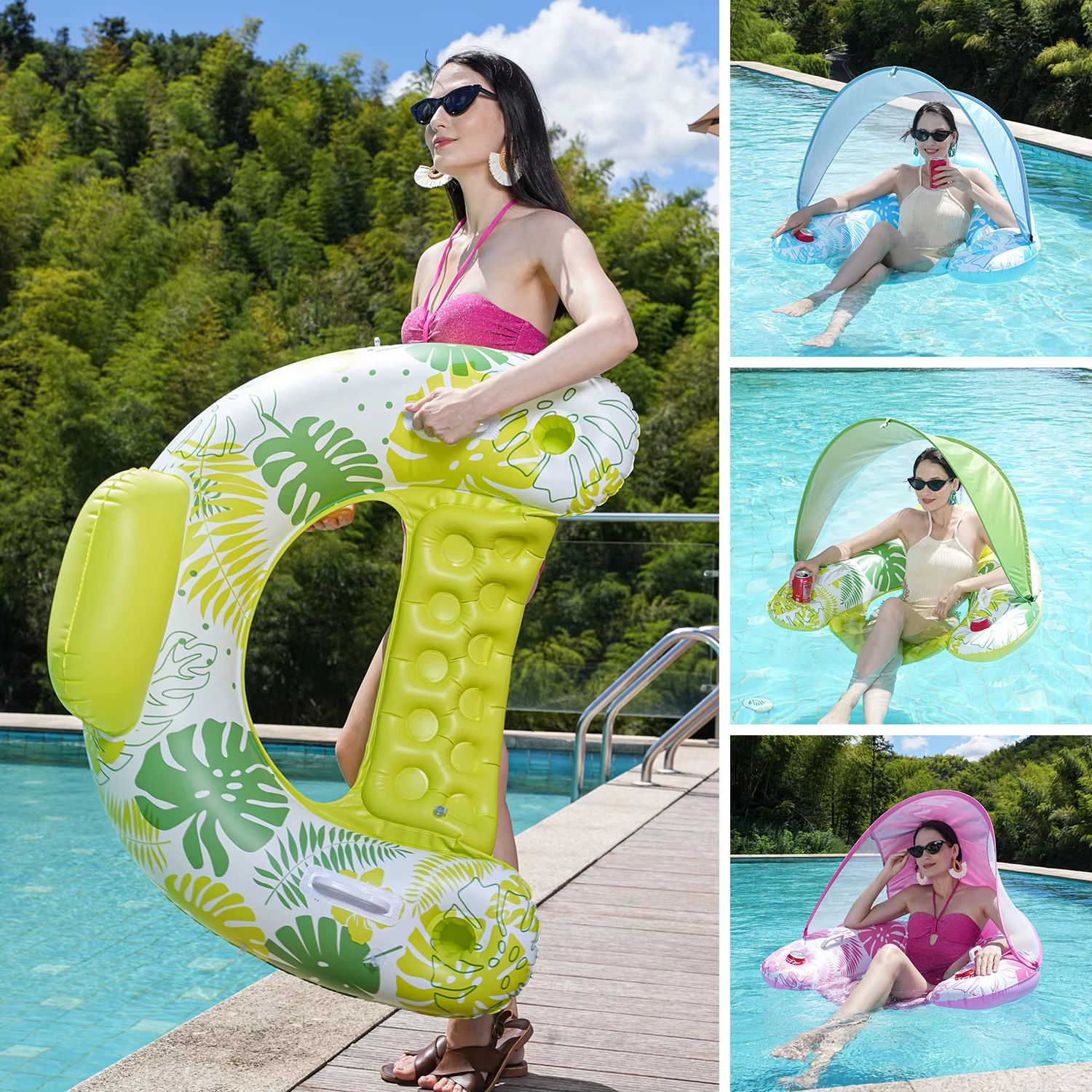 1 flotteur de piscine gonflable recouvert de tissu pour adulte avec auvent pare-soleil UPF50+ et porte-gobelets