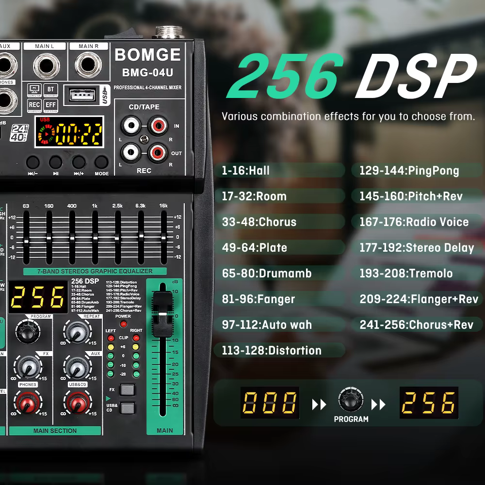 BOMGE Nouveau modèle de mixage compact, 256 DSP, avec EQ Master EQ 7 bandes, conception de châssis entièrement métallique, peut fonctionner avec 4, 6, 8 canaux.