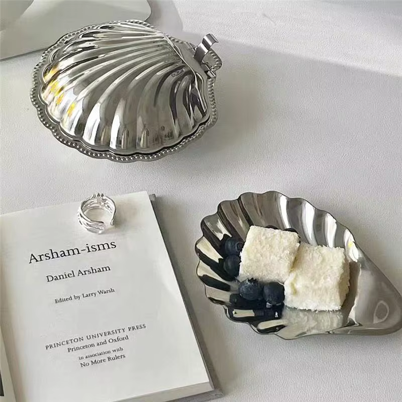 Assiette en acier inoxydable en forme de coquille, plat en métal pour fromage, Dessert, assiette de rangement de bijoux, plateau en métal, boîte à savon, décoration de Table