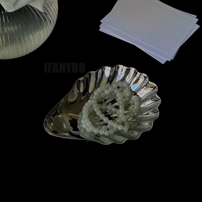 Assiette à vaisselle en acier inoxydable en forme de coquille pour Desserts, organisateur de rangement de bijoux, assiette à collation pour décor de Table à manger, assiette métallique