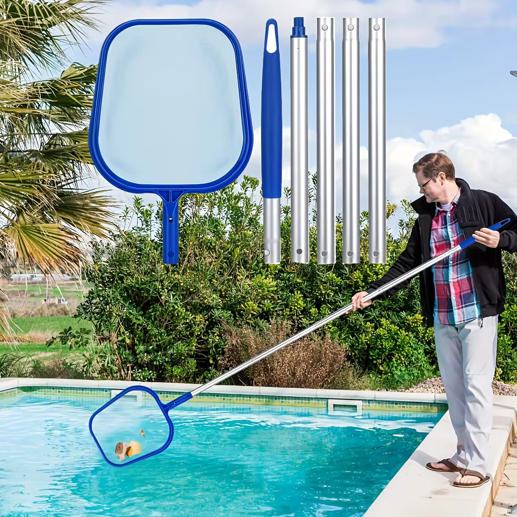 Épuisette à feuilles pour piscine avec manche en aluminium réglable en 5 sections