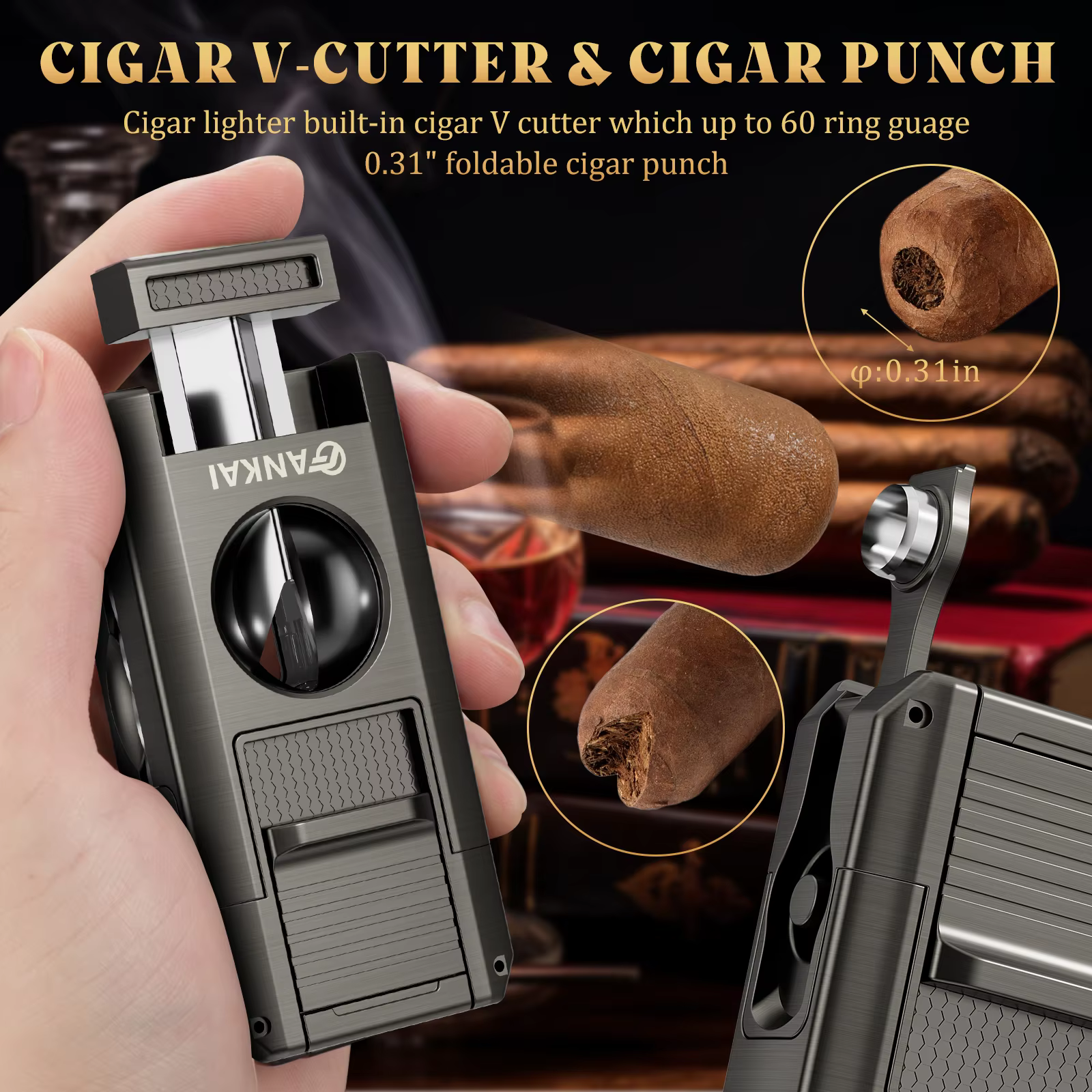 Allume-cigare, torche à cigare 5 en 1 avec coupe-cigare en V, poinçon, support, pique à cigare, briquet au butane à double flamme, cadeau