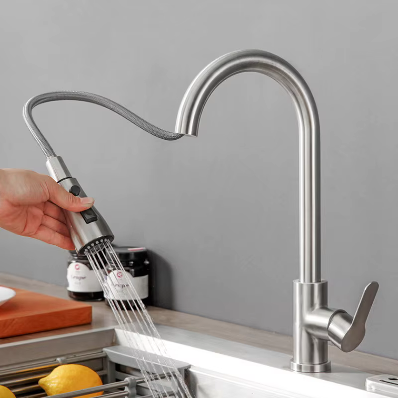Robinet de cuisine en acier inoxydable 304, mitigeur extractible pour évier, avec douchette pulvérisatrice, eau chaude et froide, à poser sur comptoir