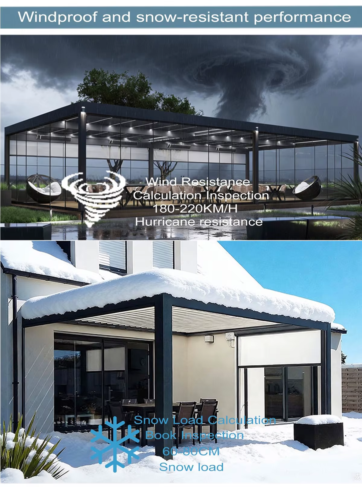 Pergola extérieure moderne en aluminium noir résistante aux intempéries, design fermé, toit à lamelles réglables avec panneaux de verre coulissants sécurisés