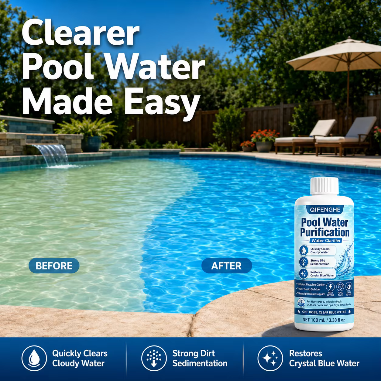 Clarifiant pour piscine pour eau boueuse, piscine domestique, piscine de jardin et piscine pour enfants