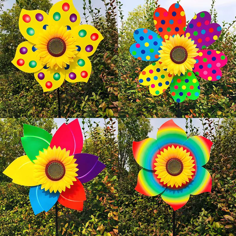 Piquet rotatif de moulin à vent de tournesol, moulinet de fleur de pelouse debout, décor de pique-nique de cour de jardin, fête en plein air