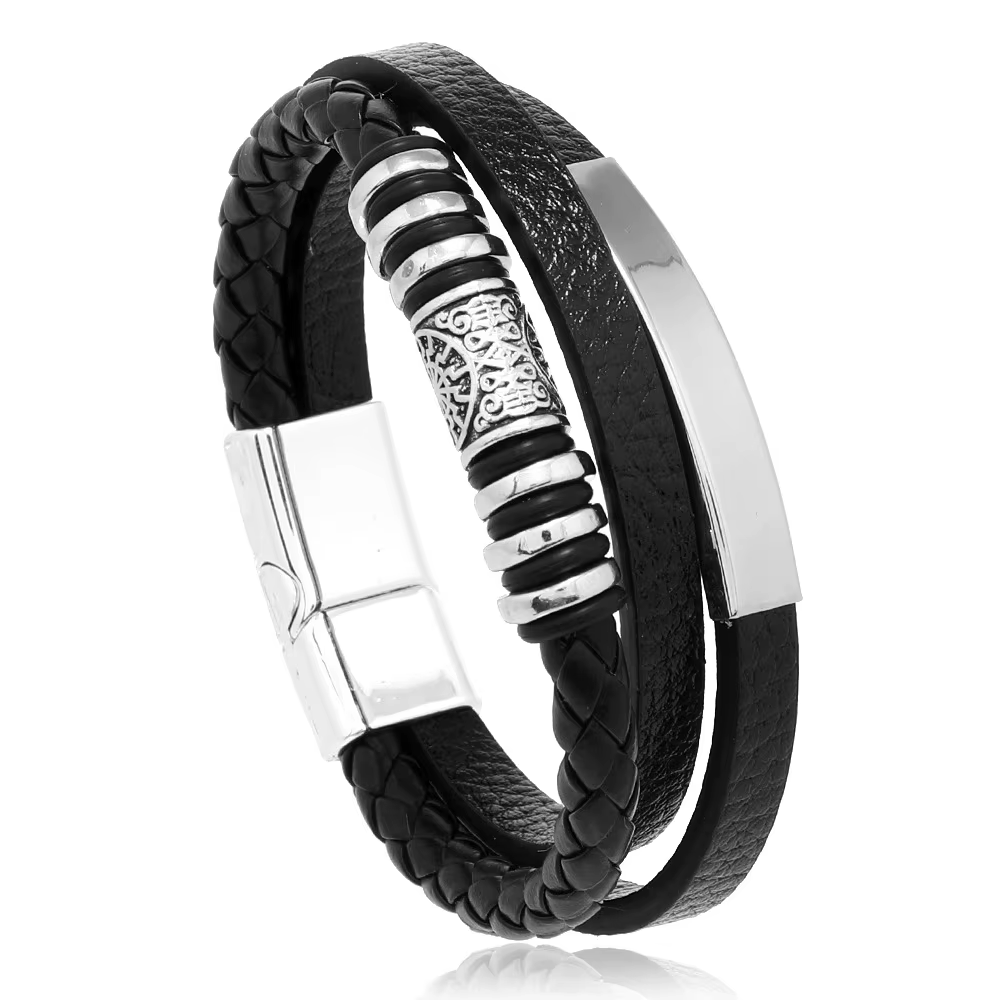 Bracelets en cuir tendance pour hommes, en acier inoxydable, corde tressée multicouche de 21CM, bijoux cadeaux