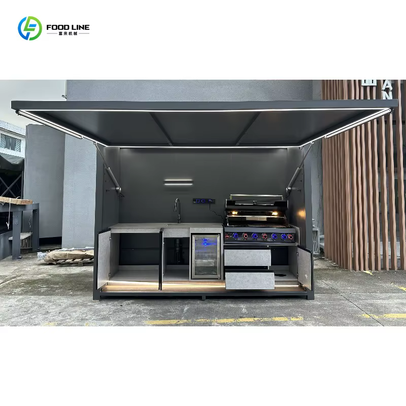 Barbecue extérieur personnalisable et résistant au vent, style terrasse, avec glacière et évier, pour la cuisine en plein air dans le jardin ou sur la terrasse.